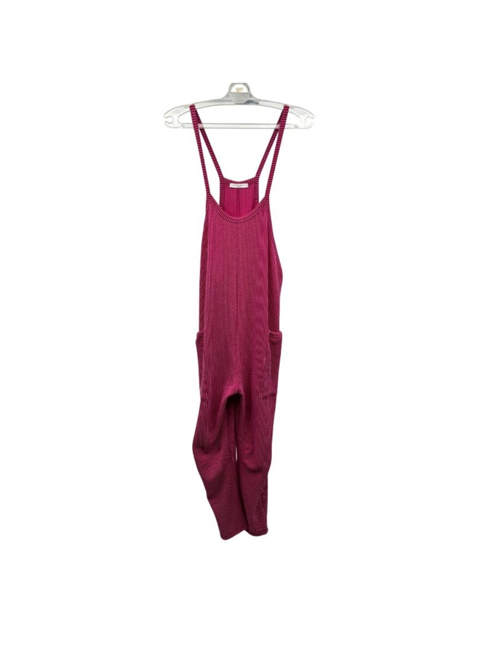Wasabi+Mint Women's Ribbed Knit Jumpsuit Sleeveless Pockets Magenta Small